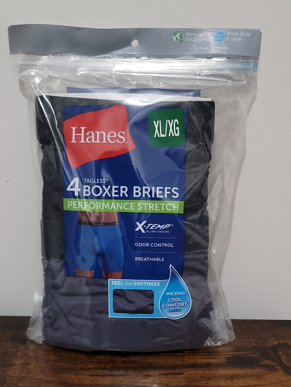 Hanes Men's Performance Stretch Boxer Briefs X-Temp  Black-Gray(4 Pack) Size XL